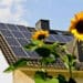 SolarAsolarni paneli energija cells on a roof with sun flowers in the foreground