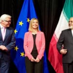Njemački ministar vanjskih poslova Steinmeier, EU Mogherini, iranski ministar vanjskih poslova Zarif Stand