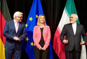 Njemački ministar vanjskih poslova Steinmeier, EU Mogherini, iranski ministar vanjskih poslova Zarif Stand