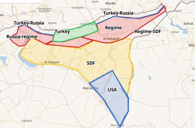 Trenutni raspored snaga na području kojeg su donedavno kontrolirali sirijski Kurdi i Amerikanci 28.10.2019