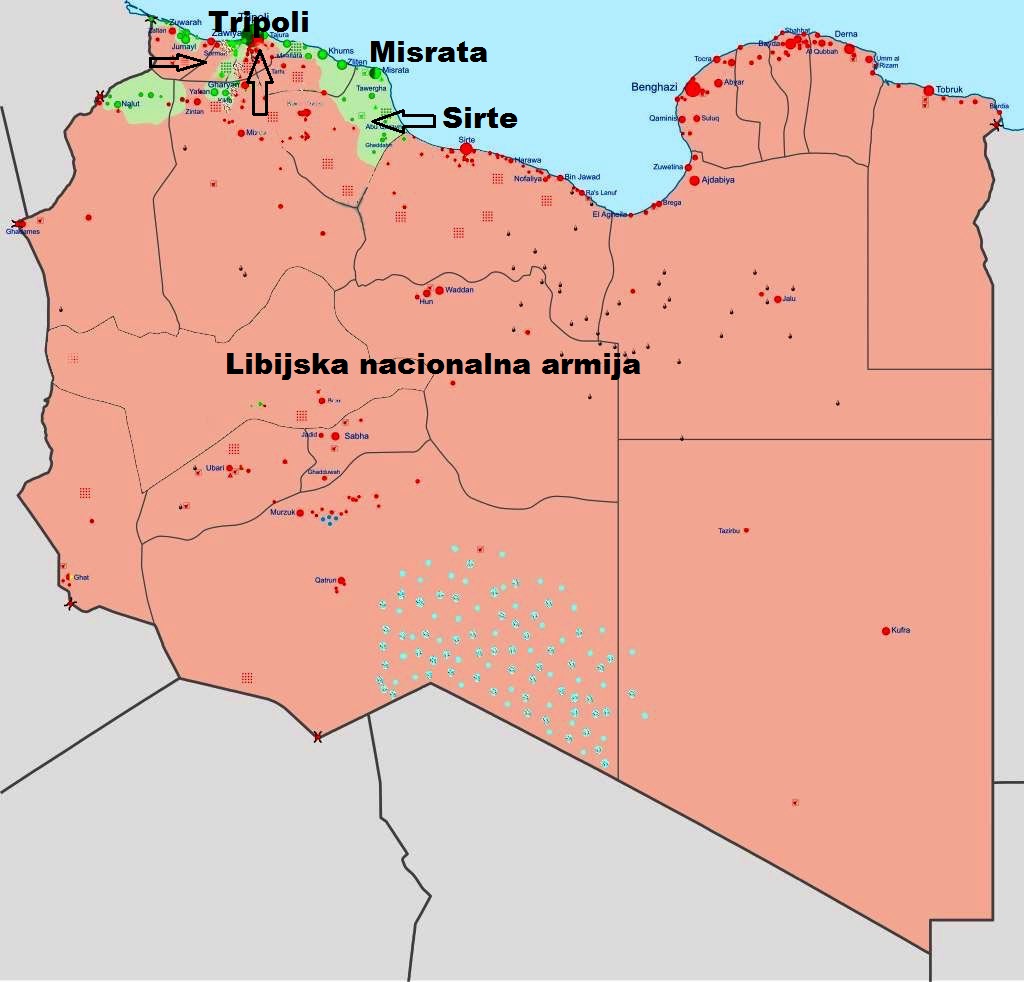 Podrucja kontrole LNA (crveno) i islamistickih milicija (zeleno)