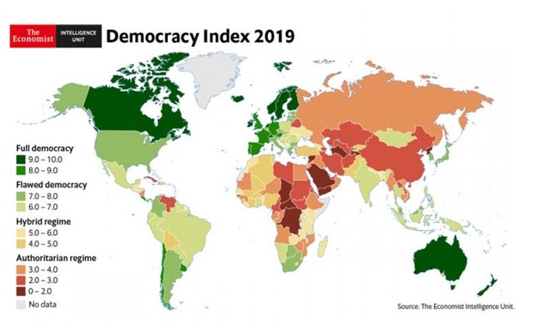 „Indeks demokracije“ od „zelenih“ superdemokratskih zemalja do crvenih „režima“ i „diktatura“