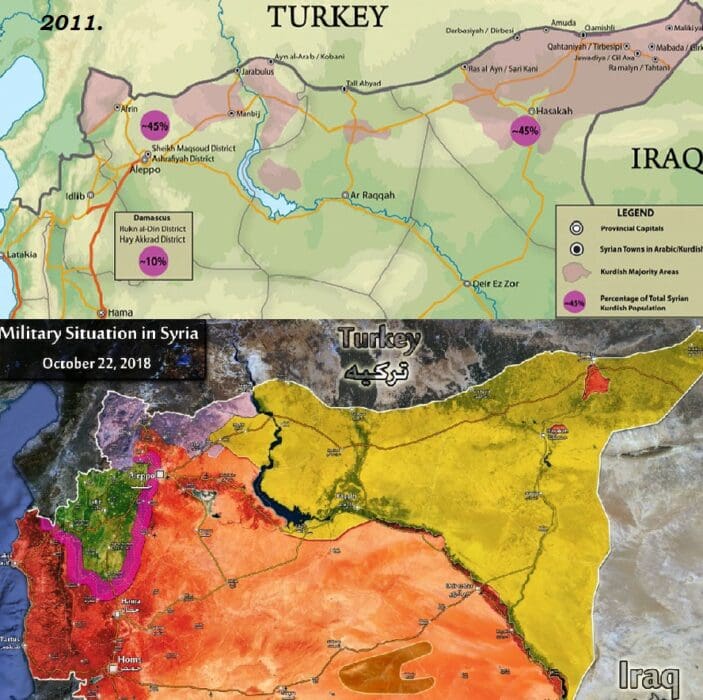 Kurdska područja u kojima su činili relativnu većinu 2011. i područja koja SDF kontrolira od 2018.
