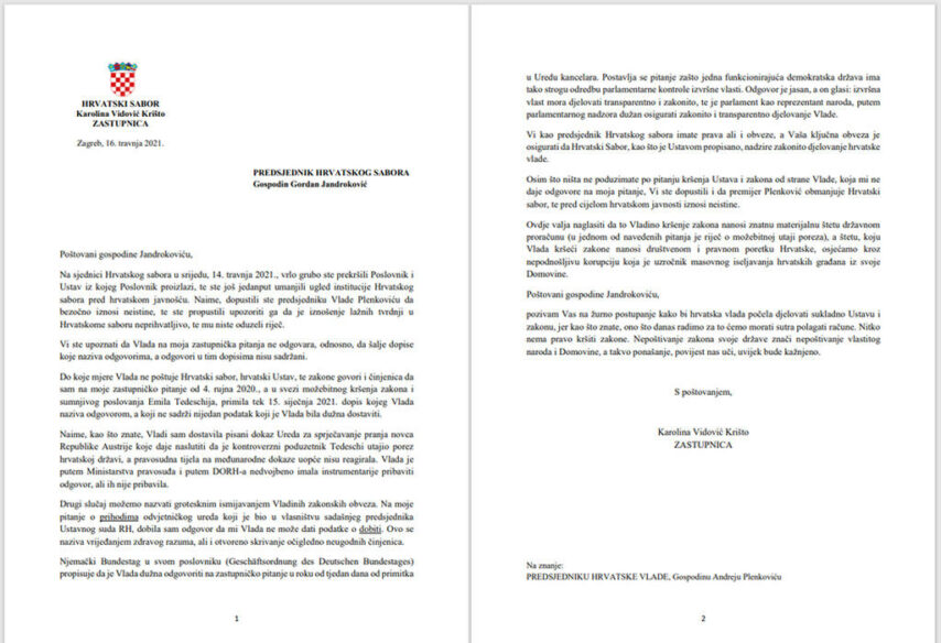 Prosvjedno pismo Jandrokoviću zbog Plenkovićevog ponašanja u Saboru 1