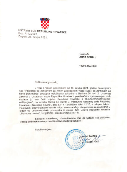 Odgovor glavnom tajniku Ustavnog suda Republike Hrvatske, Teodoru Antiću 1
